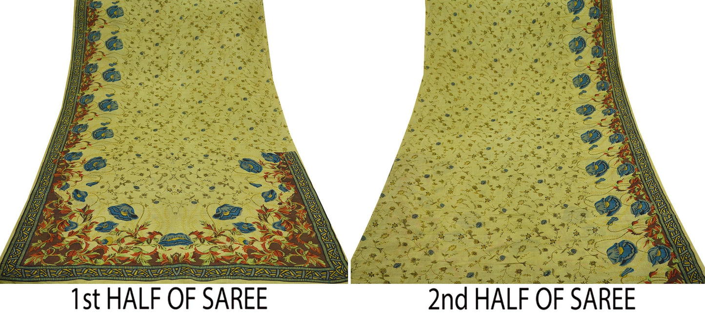 Indian Vintage Sari Green Pure Silk Printed Sarees 5yd Sewing Craft Fabric Dress Making  Soft Floral Wrap Upcycle Used Quilting Crafting
