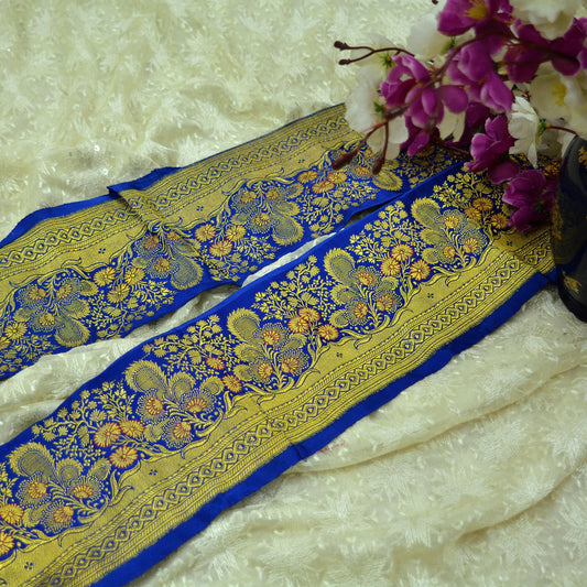 Indian Vintage Saree Border Blue Woven Banarasi Brocade Trim Craft Sewing Recycled Sari Border Golden Zari Pure Silk Home Decor Crafting
