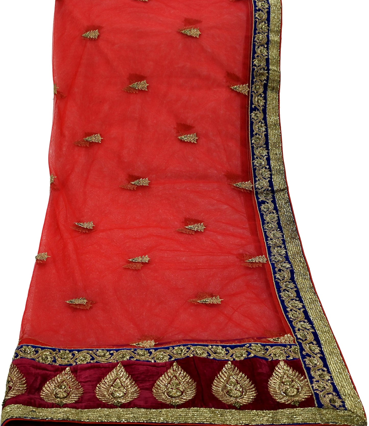 Indian Pre-owned Heavy Wedding Dupatta Red Net Mesh Long Stole Hand Embroidered By Designer sabyasachi Scarves Zardozi Dabka Bridal Veil