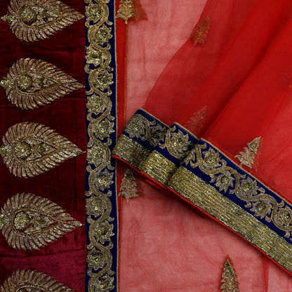 Indian Pre-owned Heavy Wedding Dupatta Red Net Mesh Long Stole Hand Embroidered By Designer sabyasachi Scarves Zardozi Dabka Bridal Veil