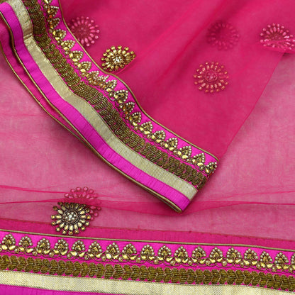 Indian Designer Abu Jani Dupatta Rani Pink Net Mesh Hand Embroidered Zardozi Dabka Bridal Veil Preowned Heavy Scarf
