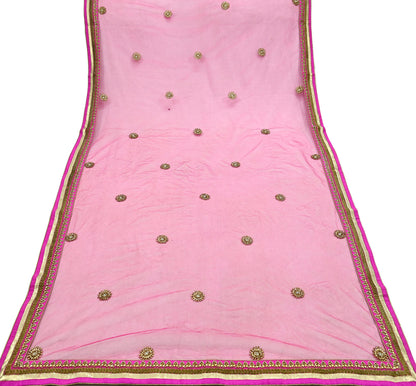 Indian Pre-owned Heavy Wedding Dupatta Pink Net Mesh Long Stole Hand Embroidered Abu Jani Designer Scarves Zardozi Dabka Bridal Veil