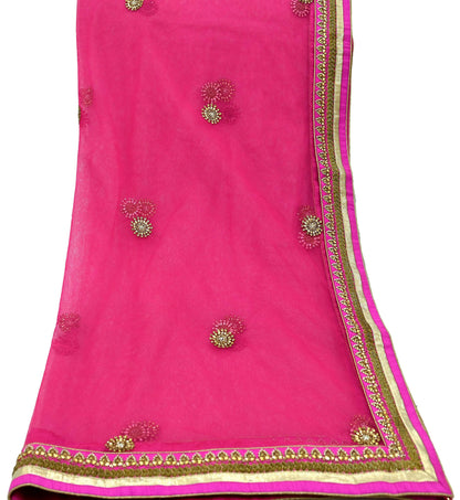 Indian Designer Abu Jani Dupatta Rani Pink Net Mesh Hand Embroidered Zardozi Dabka Bridal Veil Preowned Heavy Scarf