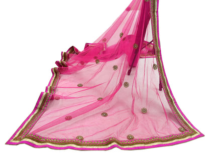 Indian Pre-owned Heavy Wedding Dupatta Pink Net Mesh Long Stole Hand Embroidered Abu Jani Designer Scarves Zardozi Dabka Bridal Veil