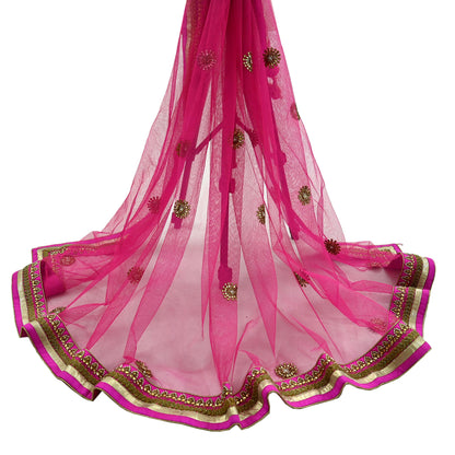 Indian Pre-owned Heavy Wedding Dupatta Pink Net Mesh Long Stole Hand Embroidered Abu Jani Designer Scarves Zardozi Dabka Bridal Veil