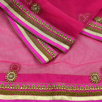 Indian Designer Abu Jani Dupatta Rani Pink Net Mesh Hand Embroidered Zardozi Dabka Bridal Veil Preowned Heavy Scarf