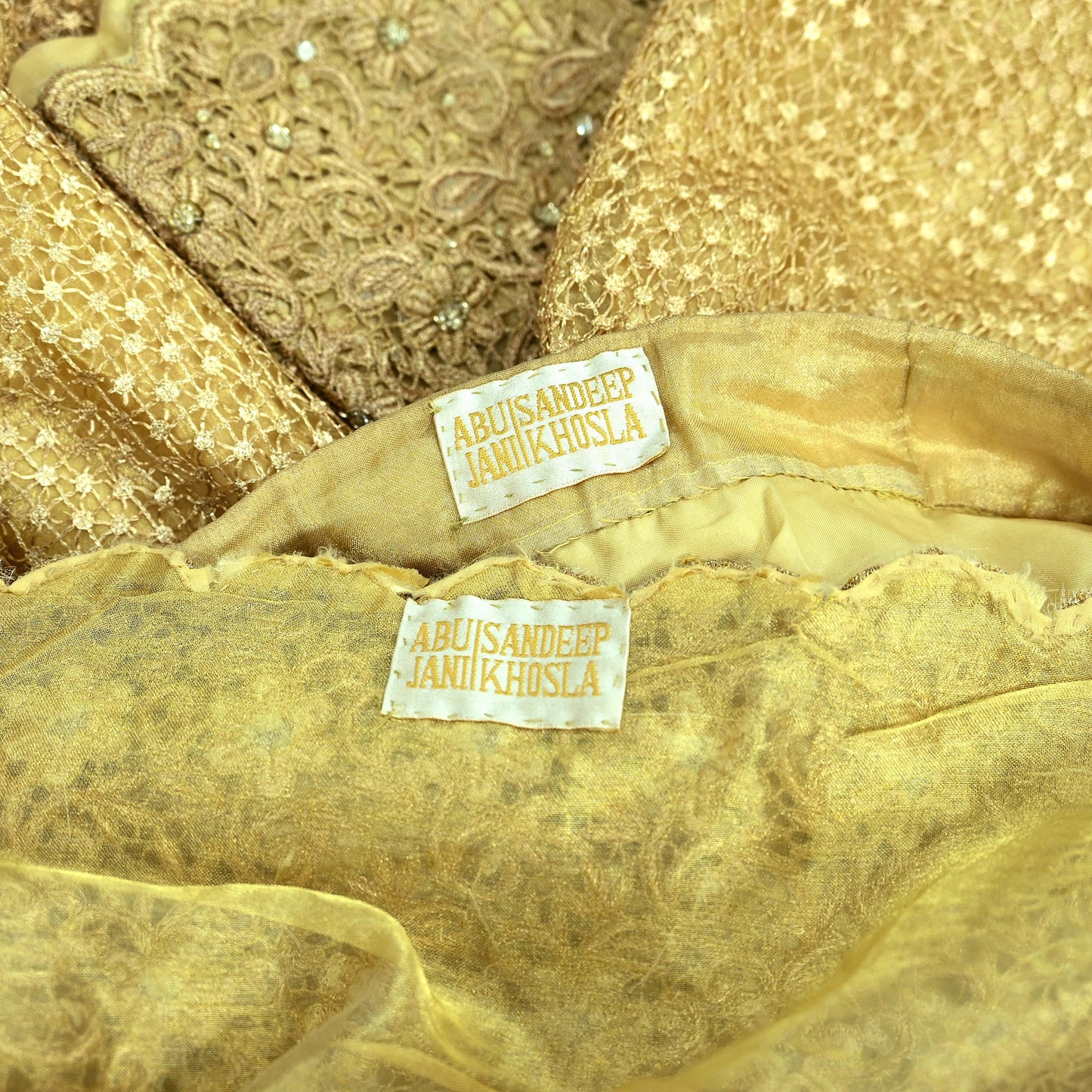 Indian Pre-owned Heavy Wedding Golden Pure Tissue Silk Hand Embroidered Lehenga 3pcs Set By Designer Abu Jani Bridal Wear With Blouse