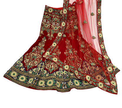 Indian Pre-owned Heavy Wedding Red Net/Mesh/ Pure satin Silk Hand Embroidered Lehenga/Dupatta Designer By Sabyasachi Zardozi Bridal Wear