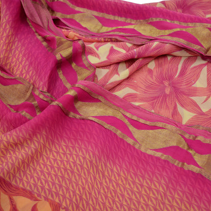 Indian Women Vintage Sari Beige & Pink Pure Georgette Silk Printed Saree Sewing 5yd Soft Craft Fabric Floral Wrap Boho Zari Dress making