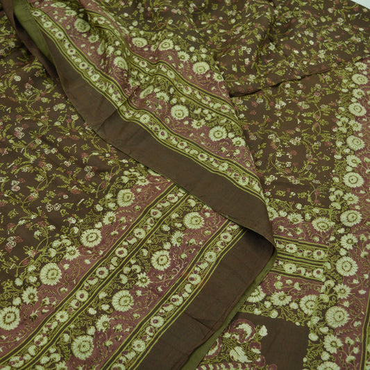 Indian Vintage Sari Brown Printed 100% Pure Silk Sarees 6yd Sewing Craft Fabric Soft Dress Making Wrap Floral Upcycle Quilting Crafting Used