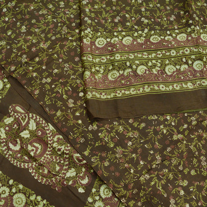 Indian Vintage Sari Brown Printed 100% Pure Silk Sarees 6yd Sewing Craft Fabric Soft Dress Making Wrap Floral Upcycle Quilting Crafting Used