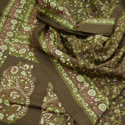 Indian Vintage Sari Brown Printed 100% Pure Silk Sarees 6yd Sewing Craft Fabric Soft Dress Making Wrap Floral Upcycle Quilting Crafting Used