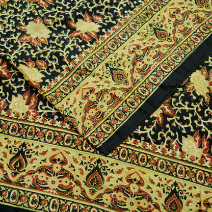 Indian Vintage Sari Black Printed Pure Silk Sarees Craft Fabric 5yd Sewing Floral Soft Dress Designing for Crafting Quilting Upcycle Wrap