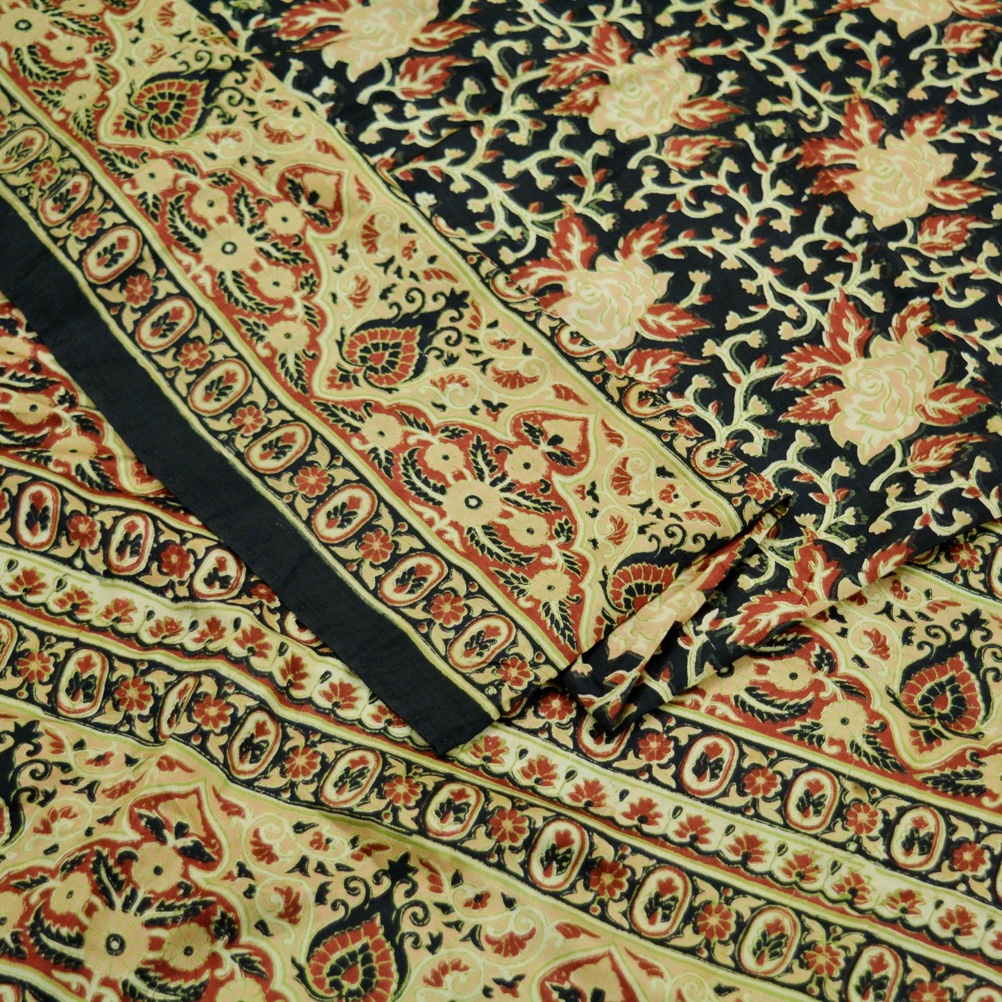 Indian Vintage Sari Black Printed Pure Silk Sarees Craft Fabric 5yd Sewing Floral Soft Dress Designing for Crafting Quilting Upcycle Wrap