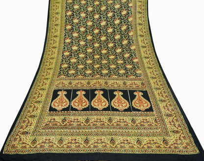 Indian Vintage Sari Black Printed Pure Silk Sarees Craft Fabric 5yd Sewing Floral Soft Dress Designing for Crafting Quilting Upcycle Wrap