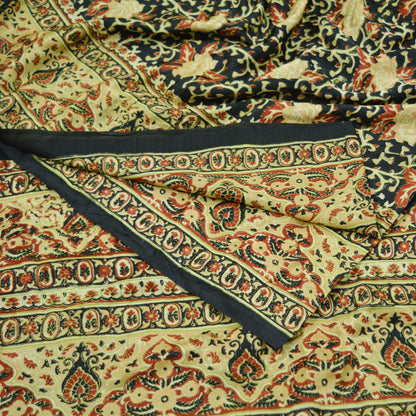 Indian Vintage Sari Black Printed Pure Silk Sarees Craft Fabric 5yd Sewing Floral Soft Dress Designing for Crafting Quilting Upcycle Wrap