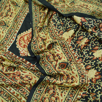 Indian Vintage Sari Black Printed Pure Silk Sarees Craft Fabric 5yd Sewing Floral Soft Dress Designing for Crafting Quilting Upcycle Wrap