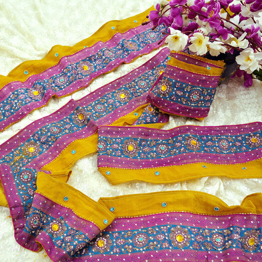 Indian Vintage Sari Border Pink & mustard Woven Banarasi Brocade Trim Craft Sewing Recycled Golden Zari Satin Silk Home Decor Crafting