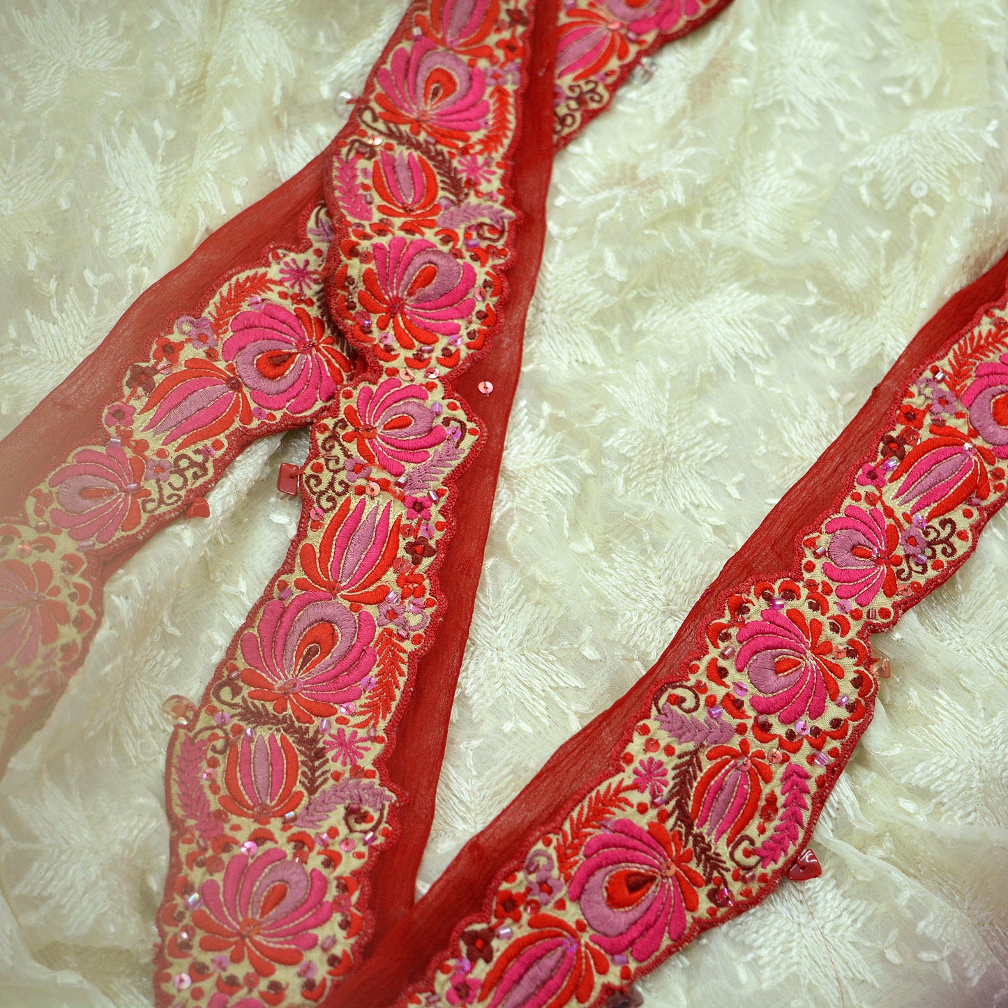 Indian Vintage Red Sari Border Pure Chiffon Silk Hand Embroidered Craft Trim Lace Sewing Sari Ribbon Recycled 1yd