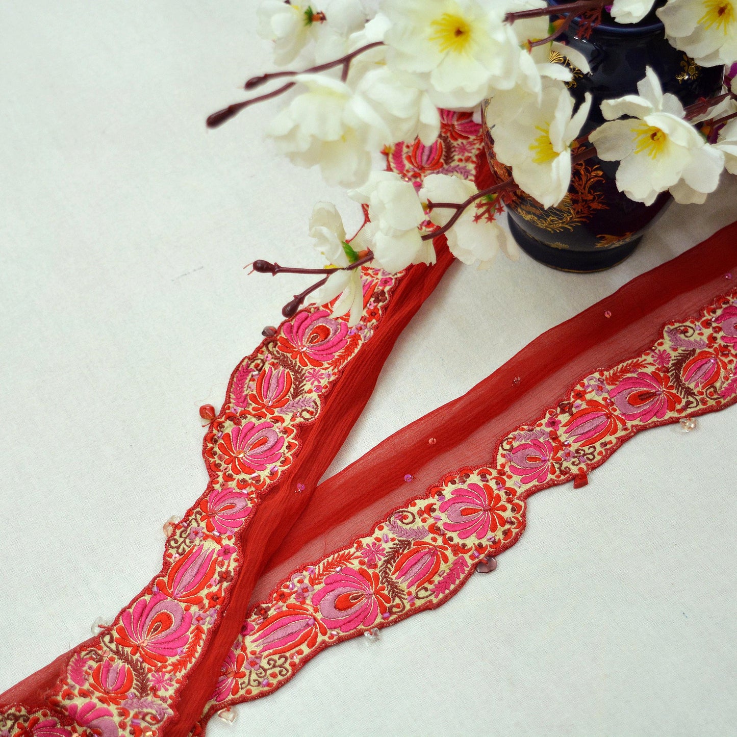 Indian Vintage Red Sari Border Pure Chiffon Silk Hand Embroidered Craft Trim Lace Sewing Sari Ribbon Recycled 1yd