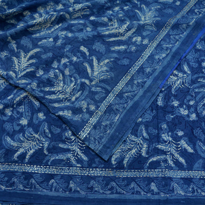 Indian Vintage Blue Saree Hand Block Printed/Painted 100% Pure Cotton Sari Soft Craft Fabric 5Yd Dress making Crafting Upcycle Quilting