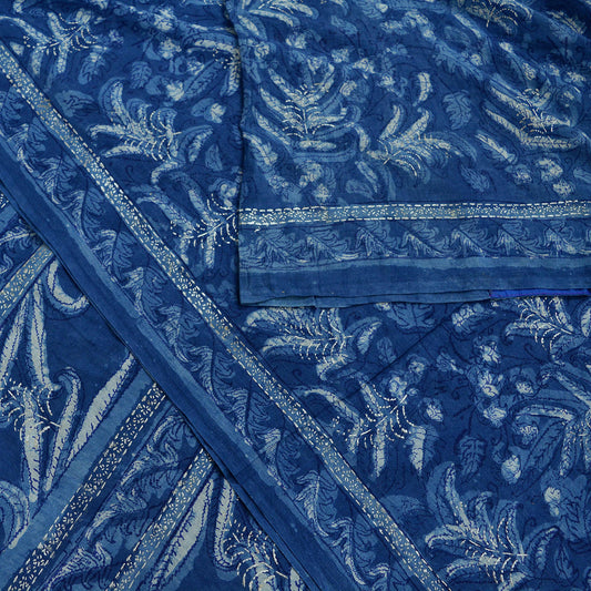 Indian Vintage Blue Saree Hand Block Printed/Painted 100% Pure Cotton Sari Soft Craft Fabric 5Yd Dress making Crafting Upcycle Quilting