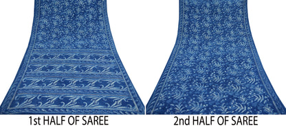 Indian Vintage Blue Saree Hand Block Printed/Painted 100% Pure Cotton Sari Soft Craft Fabric 5Yd Dress making Crafting Upcycle Quilting