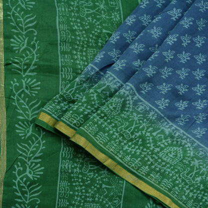 Indian Vintage Sari Green & Gray Pure chanderi Silk Block Printed Sarees Craft Fabric 5Yd Soft Zari Border Floral Dress making bollywood