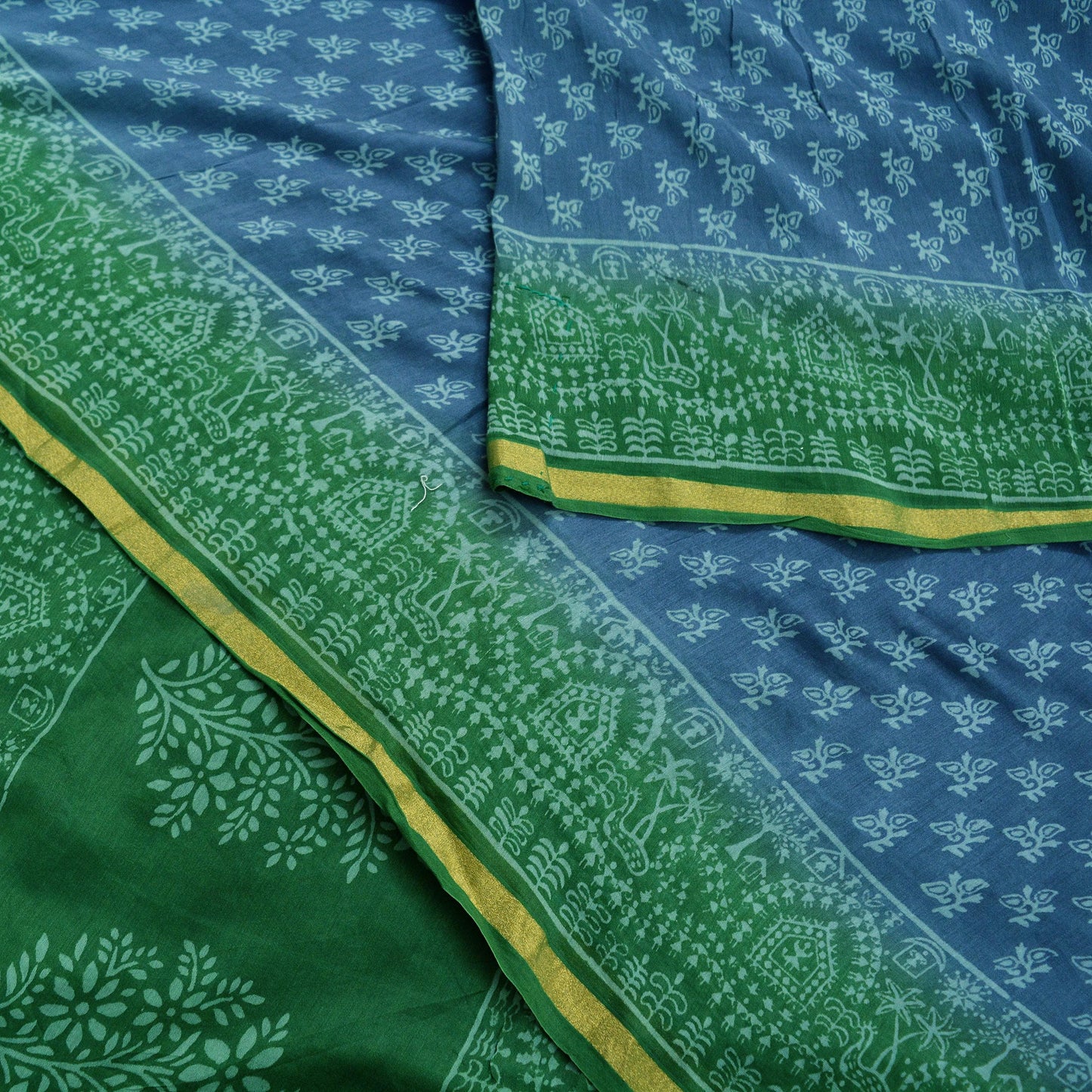 Indian Vintage Sari Green & Gray Pure chanderi Silk Block Printed Sarees Craft Fabric 5Yd Soft Zari Border Floral Dress making bollywood