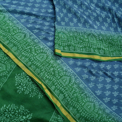 Indian Vintage Sari Green & Gray Pure chanderi Silk Block Printed Sarees Craft Fabric 5Yd Soft Zari Border Floral Dress making bollywood