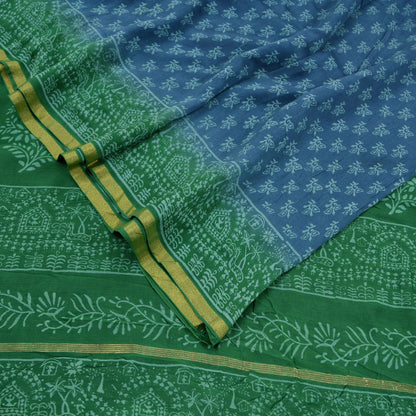 Indian Vintage Sari Green & Gray Pure chanderi Silk Block Printed Sarees Craft Fabric 5Yd Soft Zari Border Floral Dress making bollywood