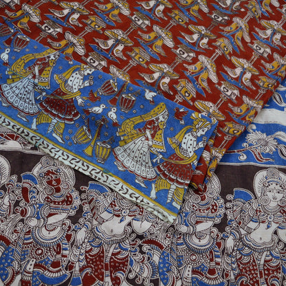 Indian Vintage Sari Red & Blue Pure Cotton Hand Kalamkari Sarees Craft Fabric 5Yd Lady Soft  Sewing Sarong Quilting Crafting Upcycle