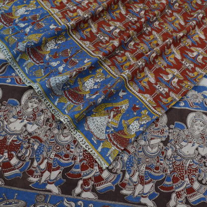 Indian Vintage Sari Red & Blue Pure Cotton Hand Kalamkari Sarees Craft Fabric 5Yd Lady Soft  Sewing Sarong Quilting Crafting Upcycle