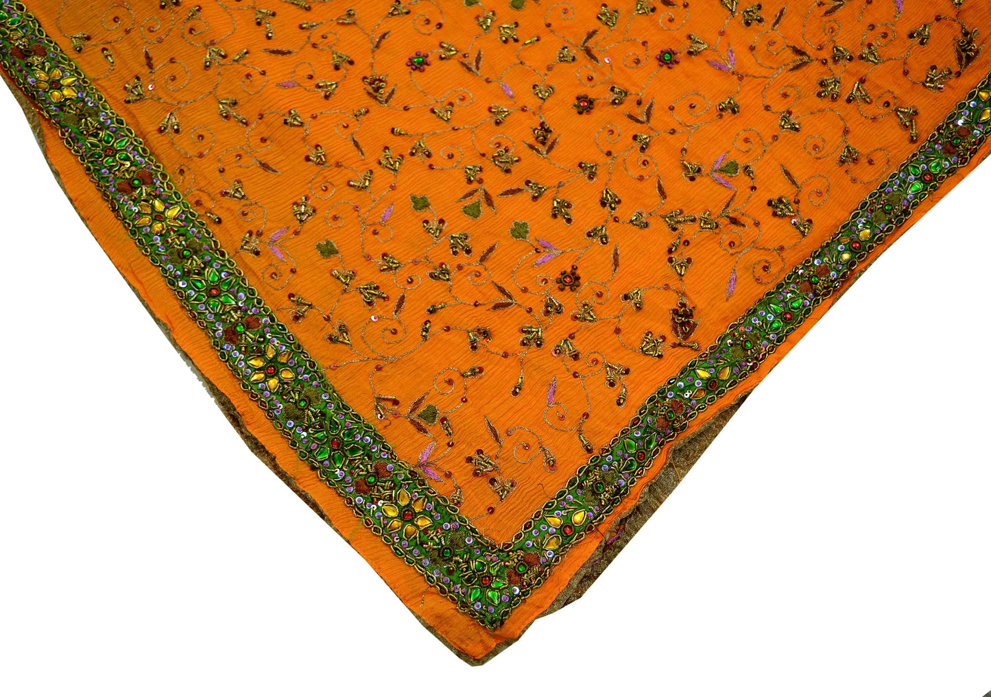 Indian Vintage Heavy Saffron Dupatta Pure Silk Long Stole Hand Embroidered Scarves Zardozi Bridal Veil Hijab