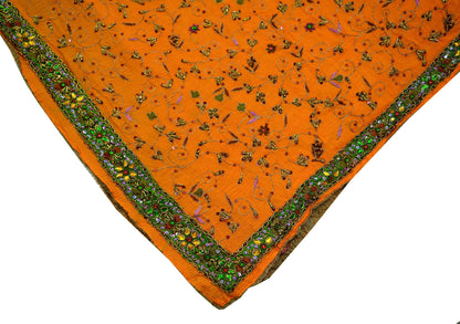 Indian Vintage Heavy Saffron Dupatta Pure Silk Long Stole Hand Embroidered Scarves Zardozi Bridal Veil Hijab