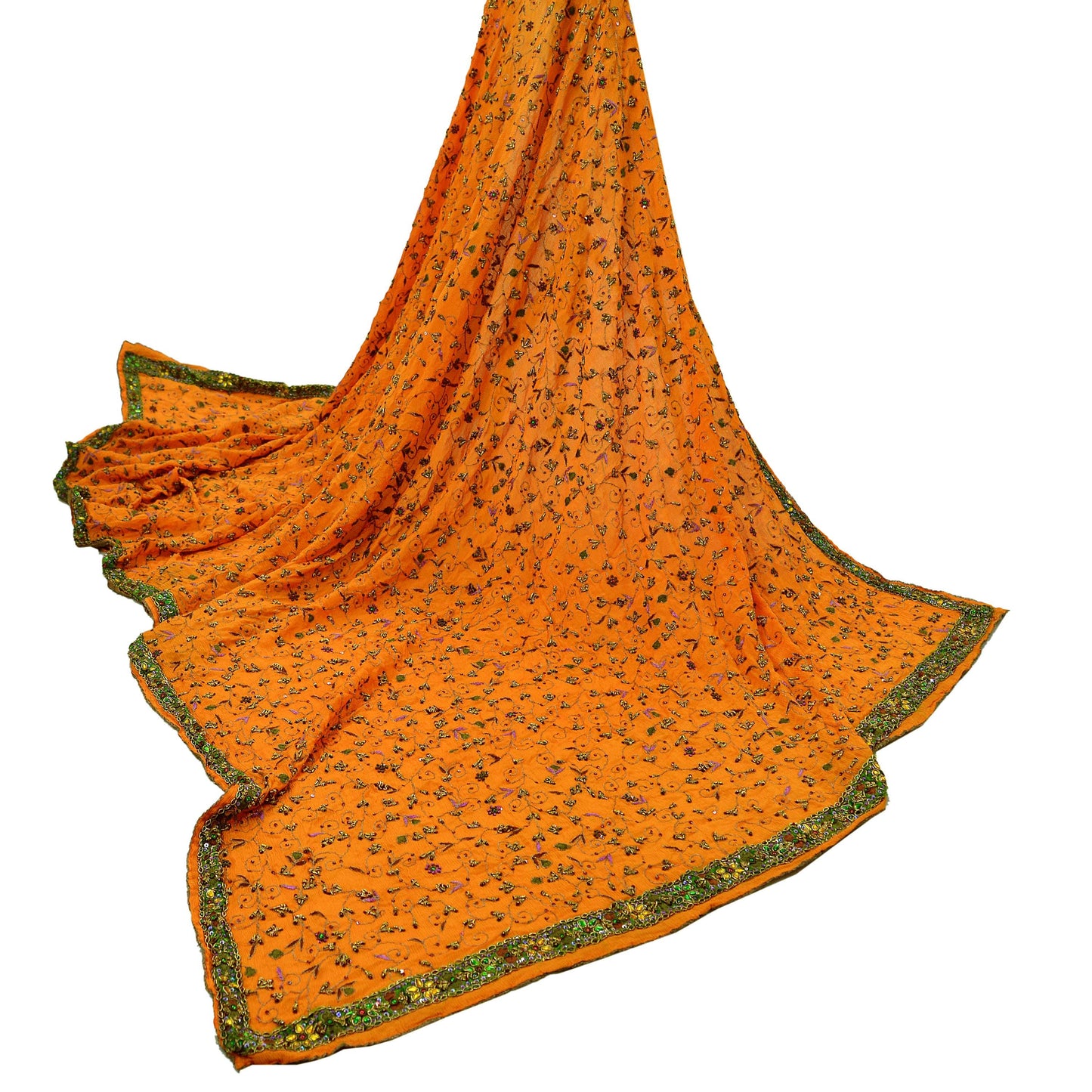 Indian Vintage Heavy Saffron Dupatta Pure Silk Long Stole Hand Embroidered Scarves Zardozi Bridal Veil Hijab