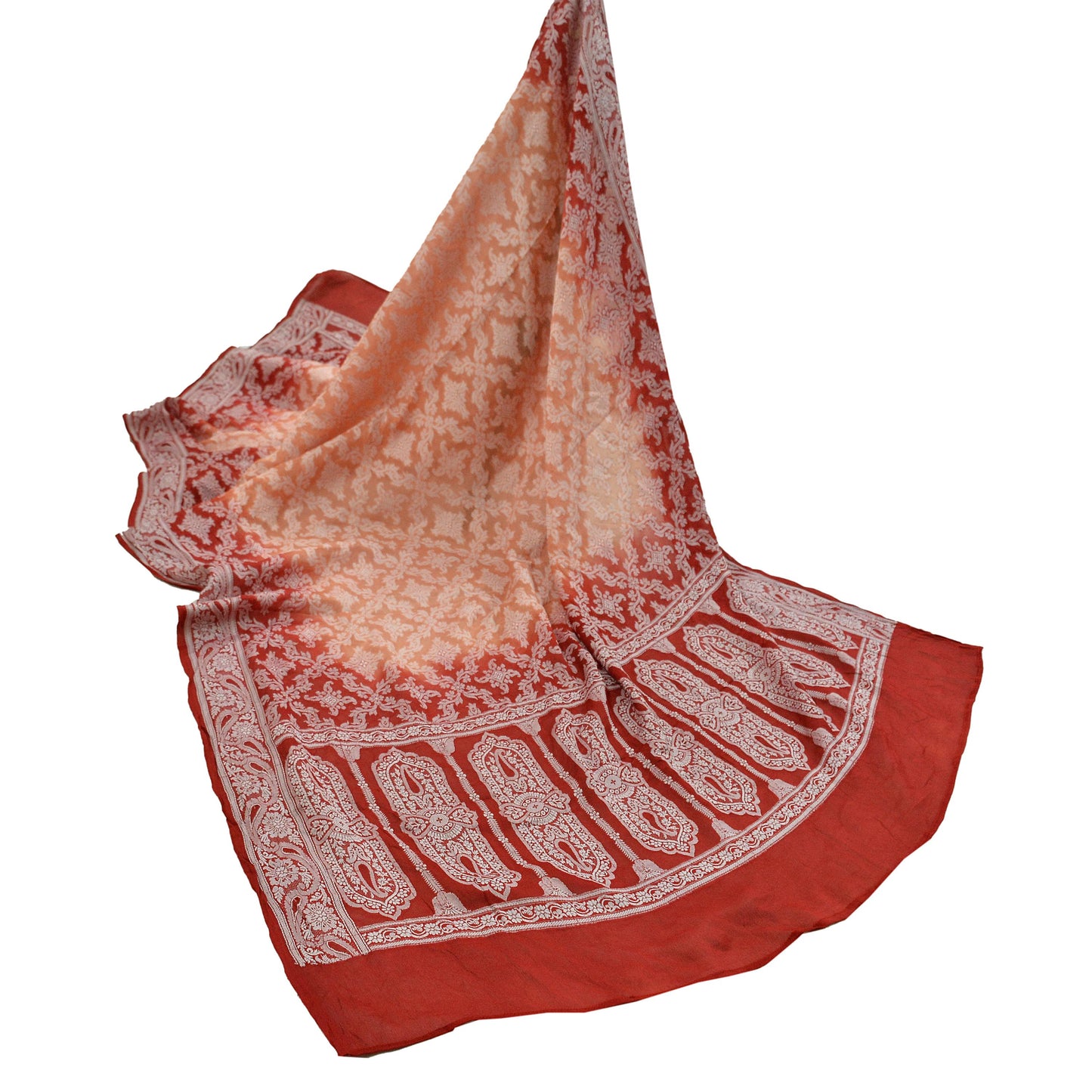 Indian Vintage Red & Peach Dupatta Long Stole Pure Silk Hand Woven Scarves Veil Scarf Wrap Paisley Party wear