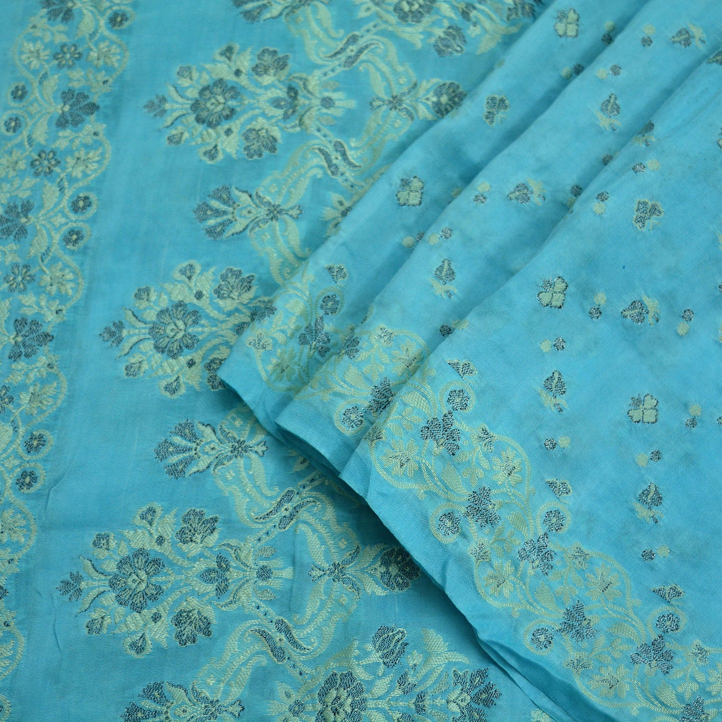 Indian Vintage Blue Dupatta Long Stole Pure Silk Hand Woven Scarves Veil Scarf Wrap Floral