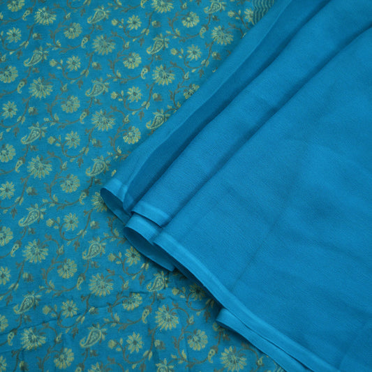 Indian Vintage Blue Dupatta Long Stole Pure Silk Hand Woven Scarves Veil Scarf Wrap Floral