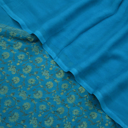 Indian Vintage Blue Dupatta Long Stole Pure Silk Hand Woven Scarves Veil Scarf Wrap Floral