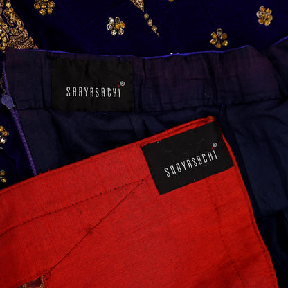 Indian Pre-owned Heavy Wedding Red & Blue Net/Mesh/ Velvet Hand Embroidered Lehenga/Dupatta Designer By Sabyasachi Zardozi Bridal Wear