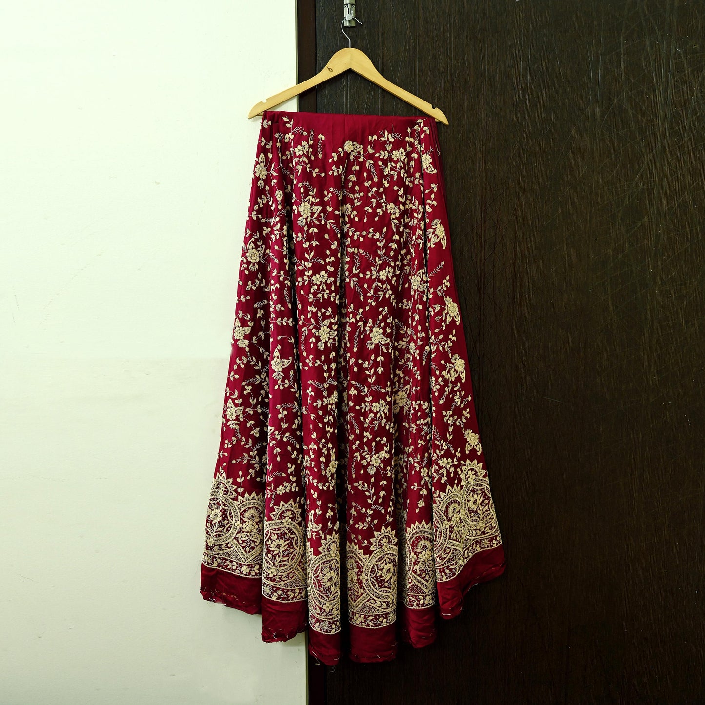 Indian Vintage Heavy Wedding Maroon Unstitched skirt Pure Satin Silk Hand Embroidered Lehenga Bridal wear Ethnic Skirt