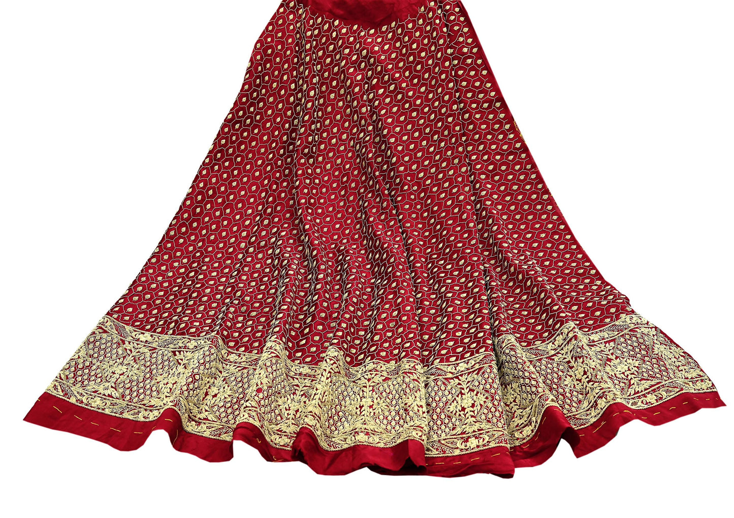 Indian Vintage Heavy Wedding Red Unstitched skirt/ Lehenga Pure Satin Silk Hand Embroidered Bridal wear Ethnic Skirt