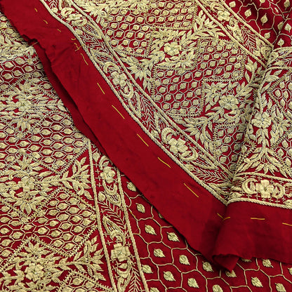 Indian Vintage Heavy Wedding Red Unstitched skirt/ Lehenga Pure Satin Silk Hand Embroidered Bridal wear Ethnic Skirt