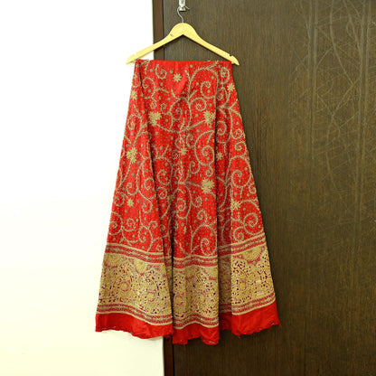 Indian Vintage Heavy Wedding Red Unstitched skirt/Lehenga Pure Silk Hand Embroidered Bridal wear Ethnic Skirt