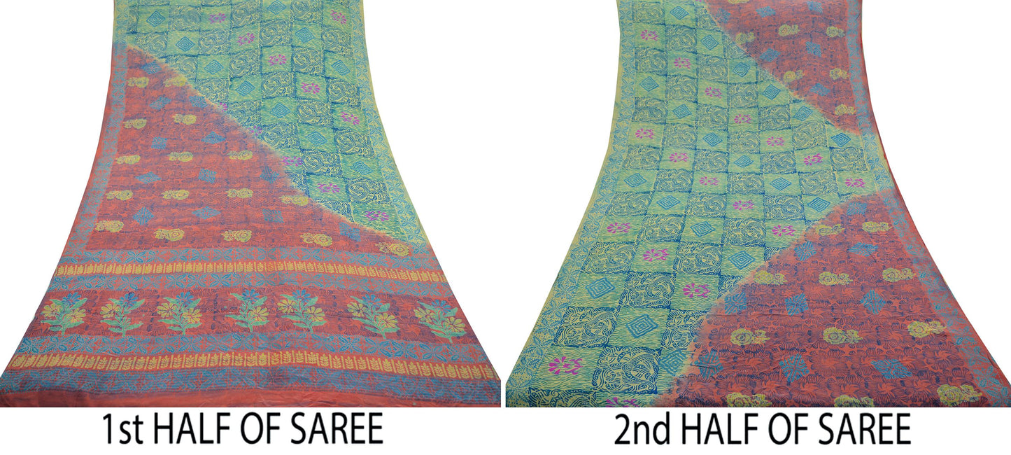 Indian Vintage Sari Beige & Peach Pure Crepe Silk Printed Sarees 5yd Sewing Floral Soft Craft Fabric Wrap Dress Making