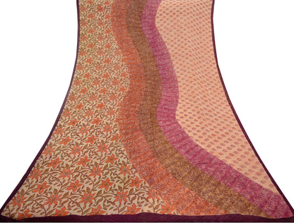 Indian Vintage Sari Beige & Peach Pure Georgette Silk Printed Sarees 6Yd Craft Fabric Sewing Quilting Dress making Crafting Quilting Upcycle