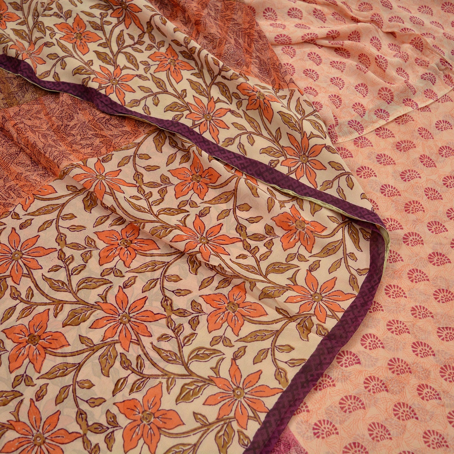 Indian Vintage Sari Beige & Peach Pure Georgette Silk Printed Sarees 6Yd Craft Fabric Sewing Quilting Dress making Crafting Quilting Upcycle