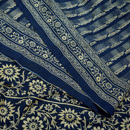 Indian Vintage Sari Deep Blue 100% Pure Silk Printed Sarees 6yd Sewing Craft Fabric Dress Making Floral Wrap used Quilting Crafting Upcycle