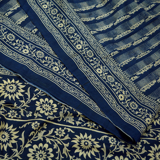 Indian Vintage Sari Deep Blue 100% Pure Silk Printed Sarees 6yd Sewing Craft Fabric Dress Making Floral Wrap used Quilting Crafting Upcycle